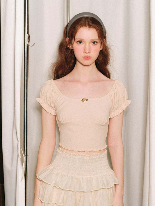 Rose Corsage Puff Sleeves Ballet T-Shirt【s0000007380】