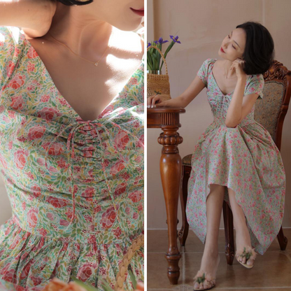 Peach green flower crowd retro dress