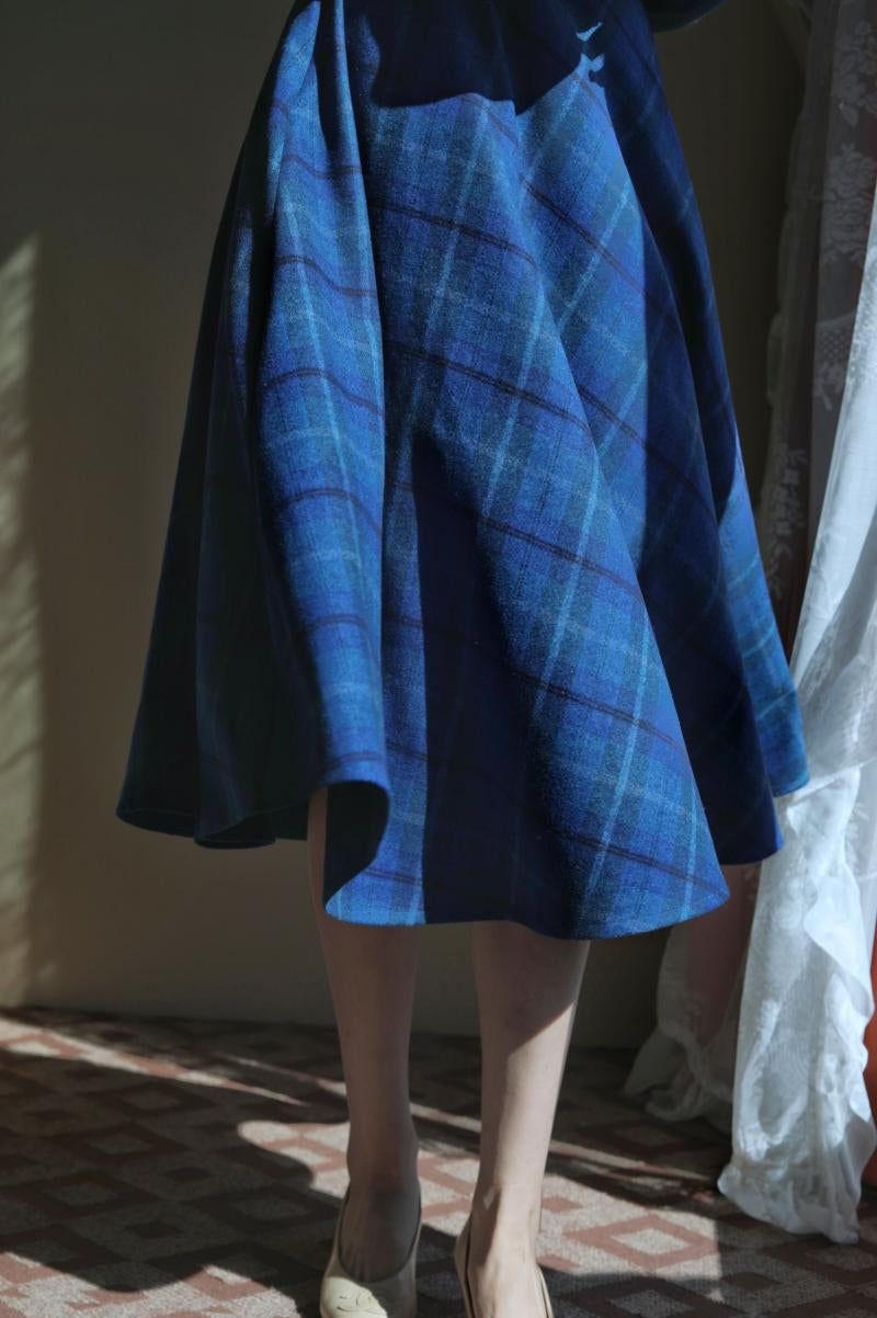 Blue Indigo Checkered Umbrella Skirt