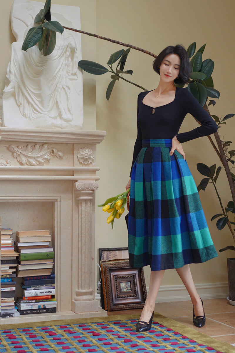 Indigo Green Plaid Retro Umbrella Skirt