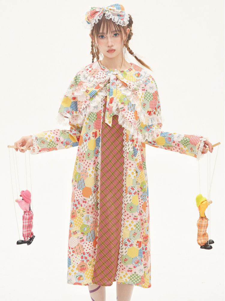 Fancy checkered pattern switching dress【s0000001887】