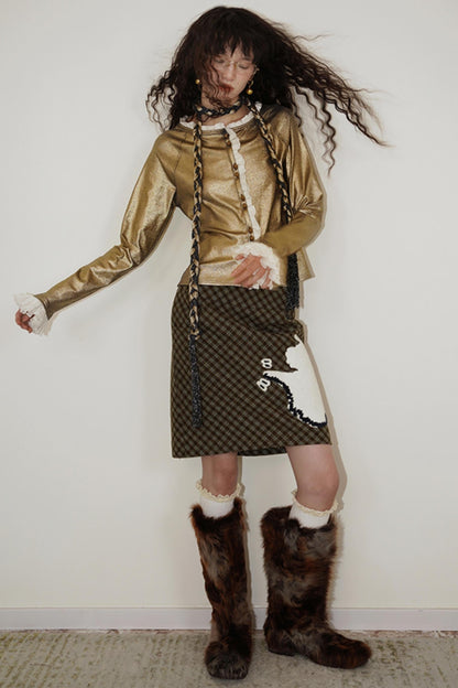 Vintage Plaid Embroidered Wool Halter Skirt