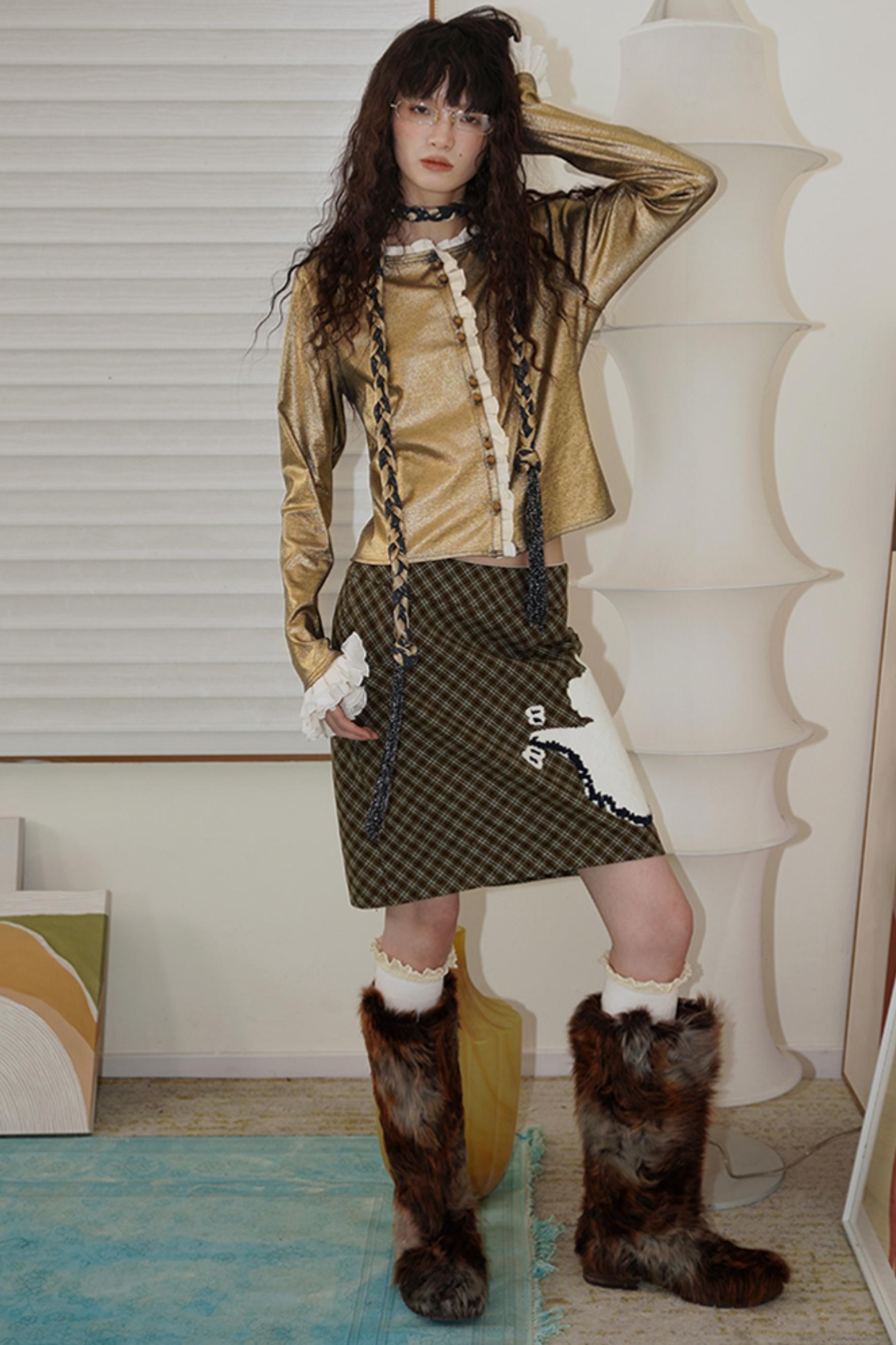 Vintage Plaid Embroidered Wool Halter Skirt