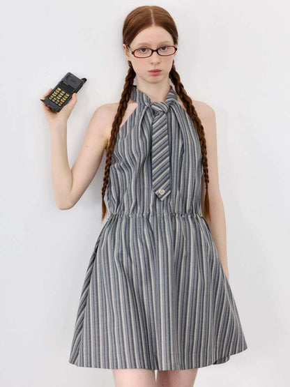 Halter Neck Tie Sleeveless Striped A-Line Dress【s0000008090】