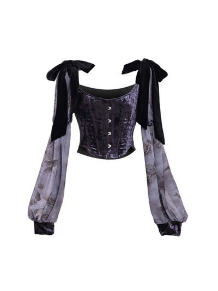 Gothic Velvet Balloon Sleeve Shoulder Ribbon Blouse【s0000003865】