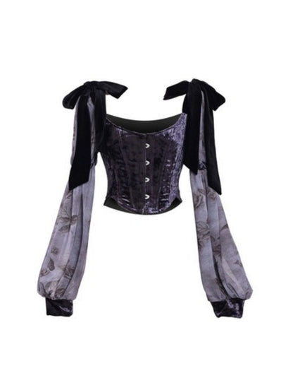Gothic Velvet Balloon Sleeve Shoulder Ribbon Blouse【s0000003865】