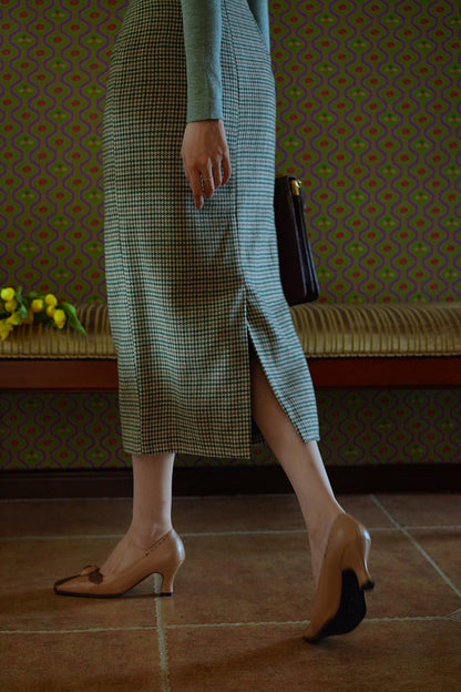 Blue-green houndstooth tweed tube skirt