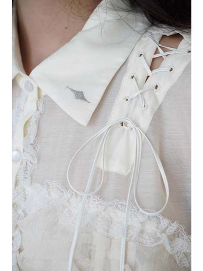 Lace-Up Crosses Embroidery Chiffon Lace Trim Shirt【s0000008151】