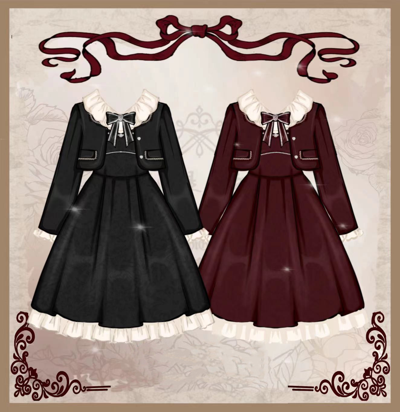 Yingtang - Plus Size Lolita French Retro Dress Set