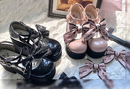 Sheep Puff - Black Pink Japanese Lolita Thick Heel Shoes