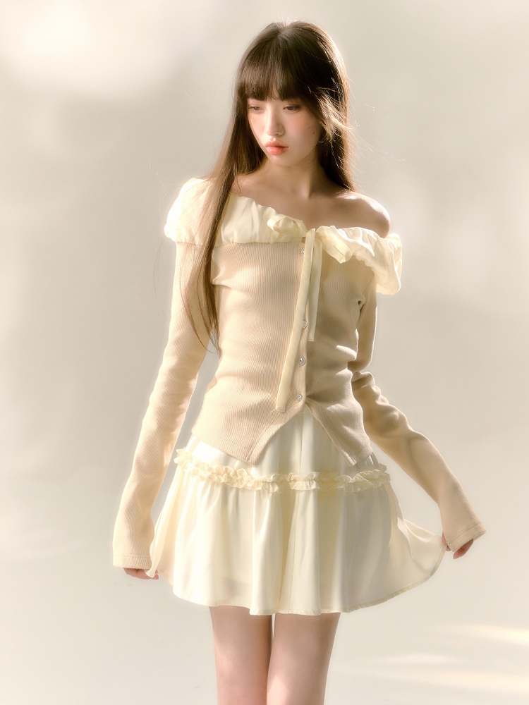 Lace Off Shoulder Knit Tops & Tutu Mini Skirts【s0000007365】