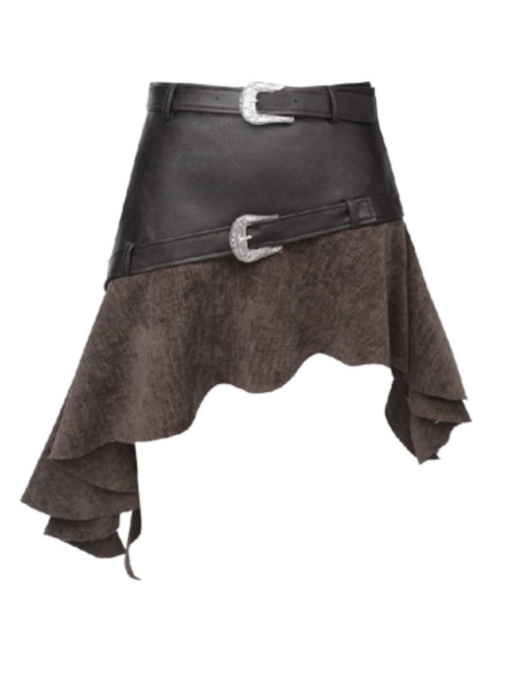 Belt Accent Irregular PU Leather Switching Mini Skirt【s0000004401】