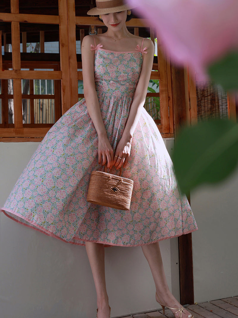 Baby Pink Flower Crowd Retro Camisole Dress