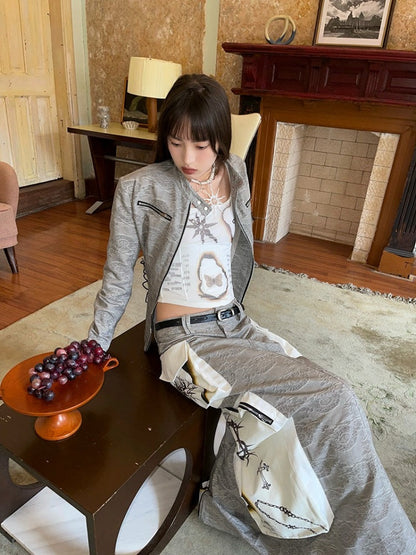 Jacquard Zipper Short Jacket ＆ Low Waist Long Skirt【s0000003885】