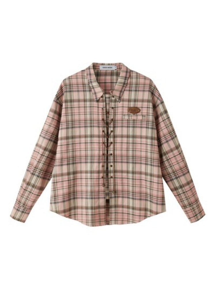 Casual Lace-Up Strap Retro Plaid Loose Shirt【s0000003198】