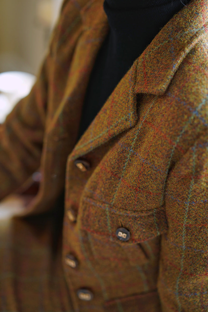 Gray-yellow-green plaid tweed jacket and tweed skirt