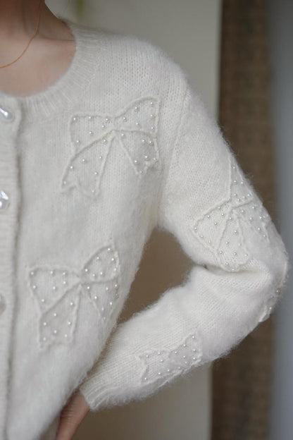 Embroidered mohair cardigan with bow