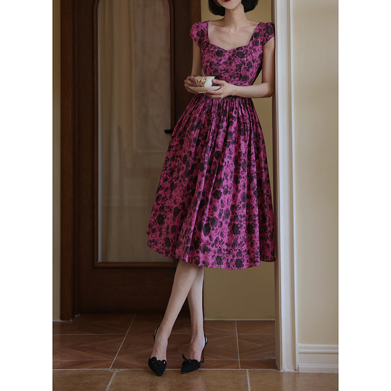 Red bellflower rose pattern Hepburn dress