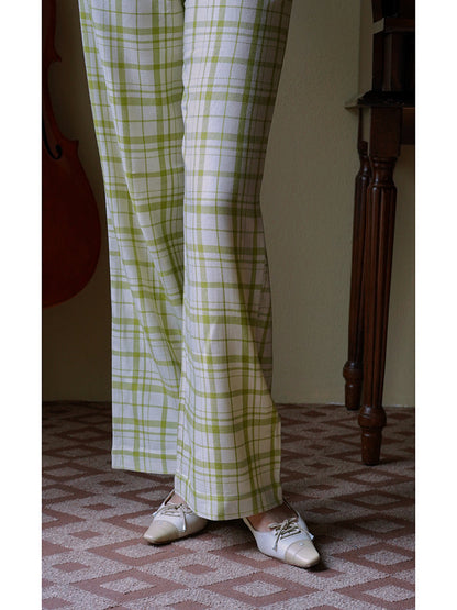 Yellow-green plaid wide-leg pants