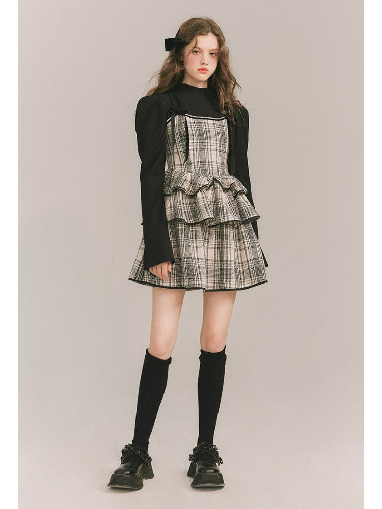 Plaid Cake Skirt Faux Two Piece Dress【s0000003859】