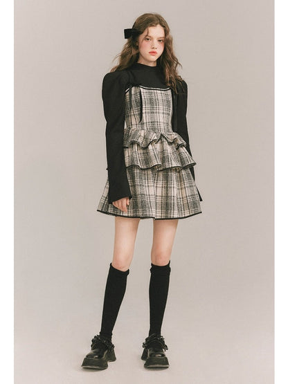 Plaid Cake Skirt Faux Two Piece Dress【s0000003859】