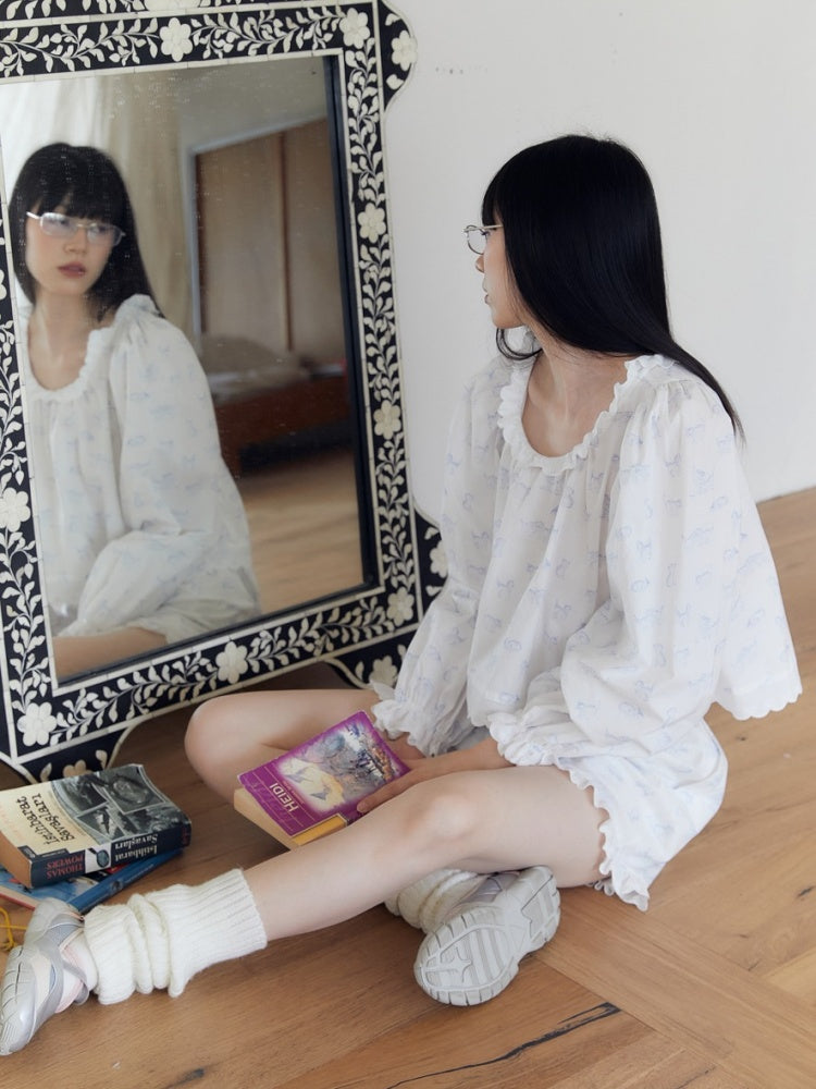 French Blue Kitten Print Relax Room Wear Set【s0000003571】