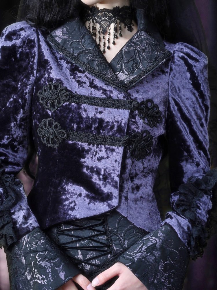 Gothic Velvet Lace Flower Lace Up Blouse【s0000003871】