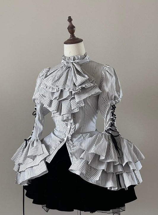 FlowerFairyDaily - Gothic Lolita Striped Shirt With Alternative NeckTie/Jabot