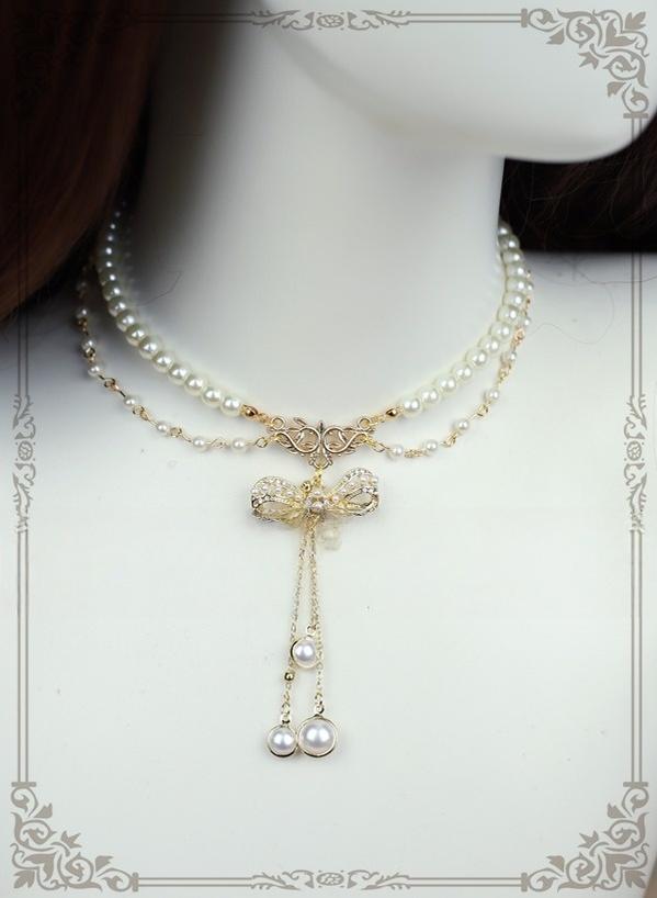 Rose of Sharon - Classic Artificial Pearl Necklace, Butterfly Pendant