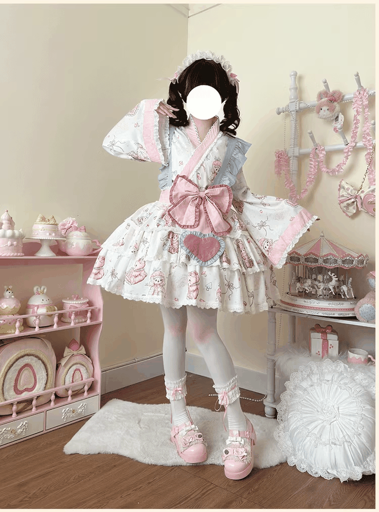 Niu Niu - Showa Moe Bear - Plus Size Wa Lolita Dress Set Kawaii Lolita SK Suit