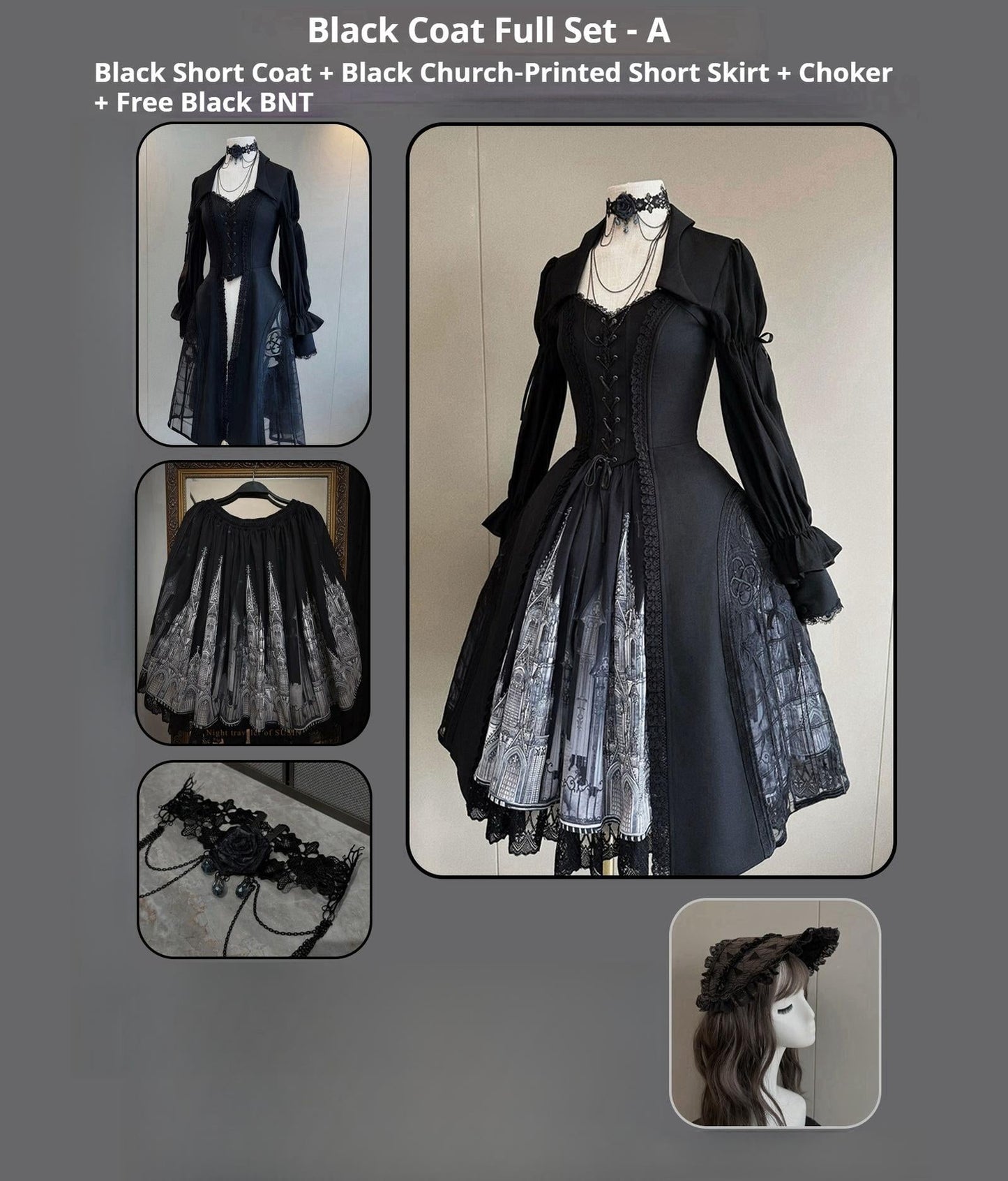 Susin Lolita - Night Traveler - Gothic Lolita Skirt Outfit Long Coat Shirt and Bustier Set