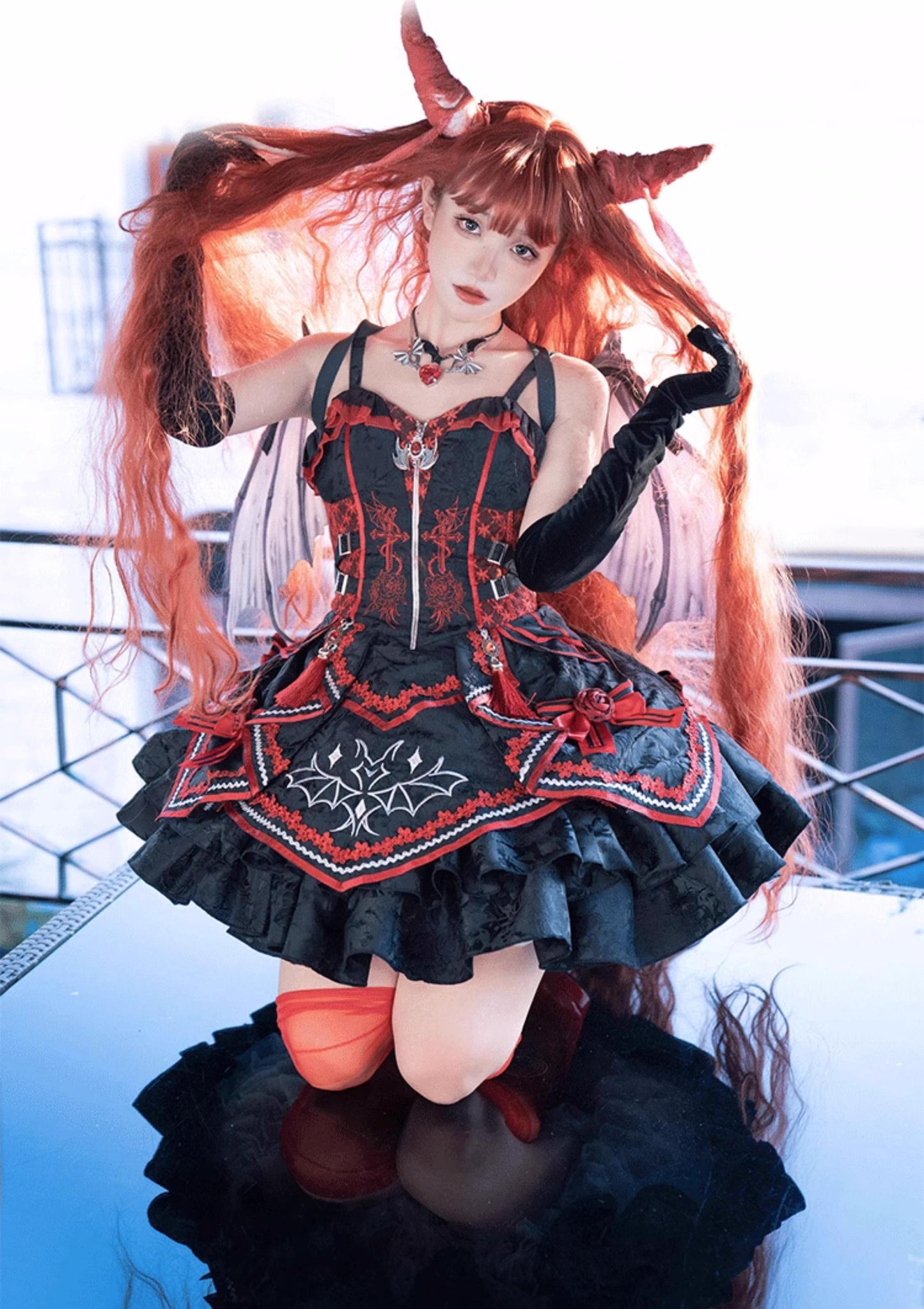 OCELOT - Dark Bat Motion - Gothic Lolita JSK Black Red Goth Jumper Dress