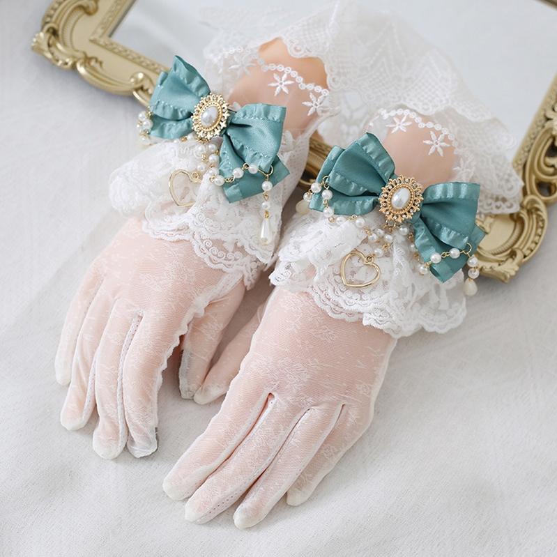 Xiaogui - Vintage Lolita Gloves Lace Bow Bead Chain Sunscreen Gloves