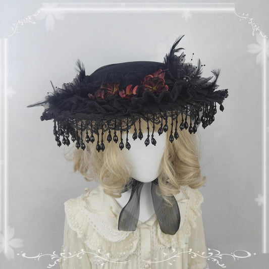 Cocoa Jam - Gothic Lolita Flat Hat, With Ribbon Ties