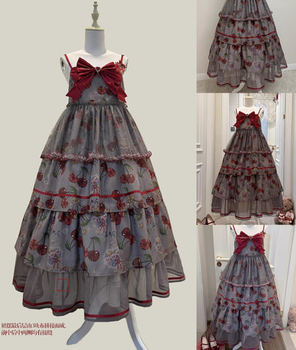 Gloaming - Sweet Lolita Cherry print Short Sleeve OP and SK Set