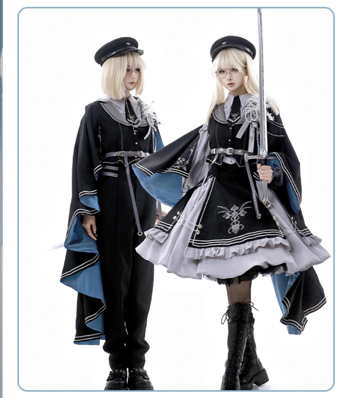CHUNLV LOLITA - Dark Night Contract - Blue Military Lolita Pants Long Cape Couple Suit