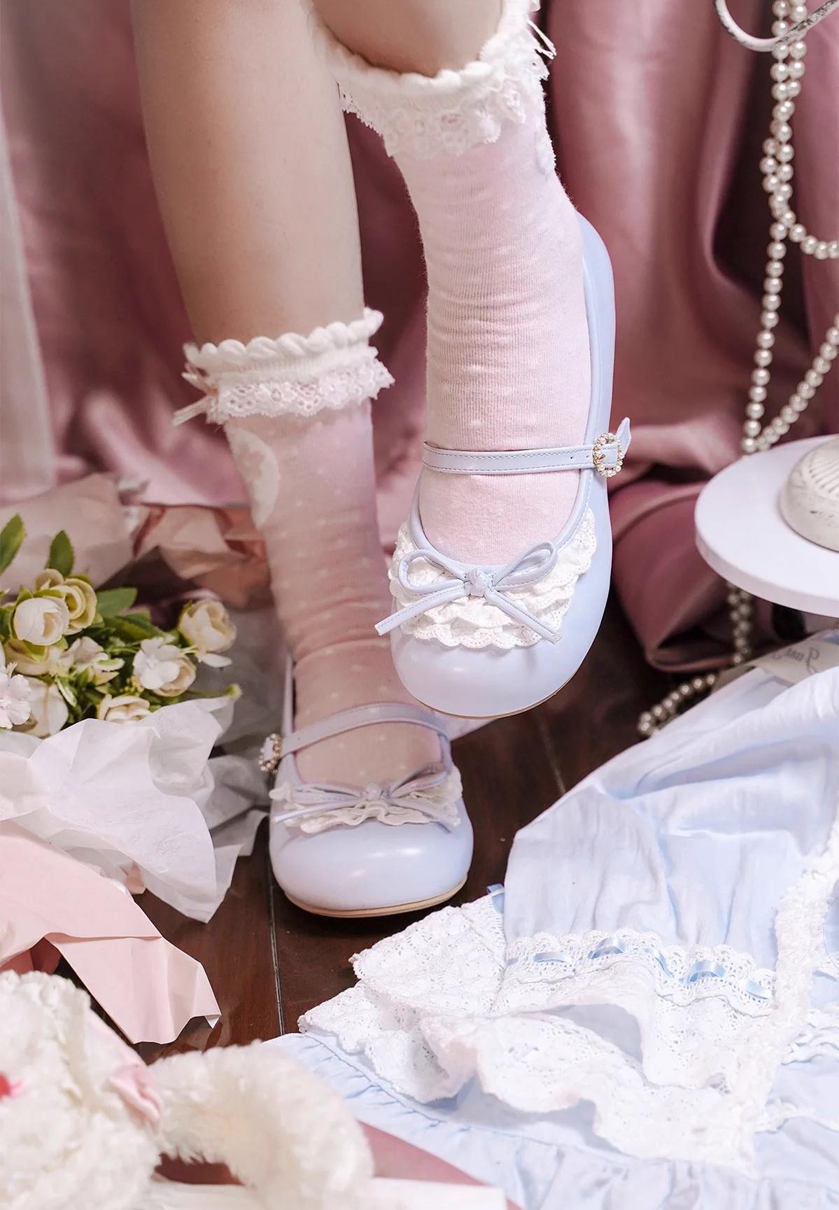 Sheep Puff - Young Layla - Vintage Lolita Shoes Low Heel Butterfly Shoes