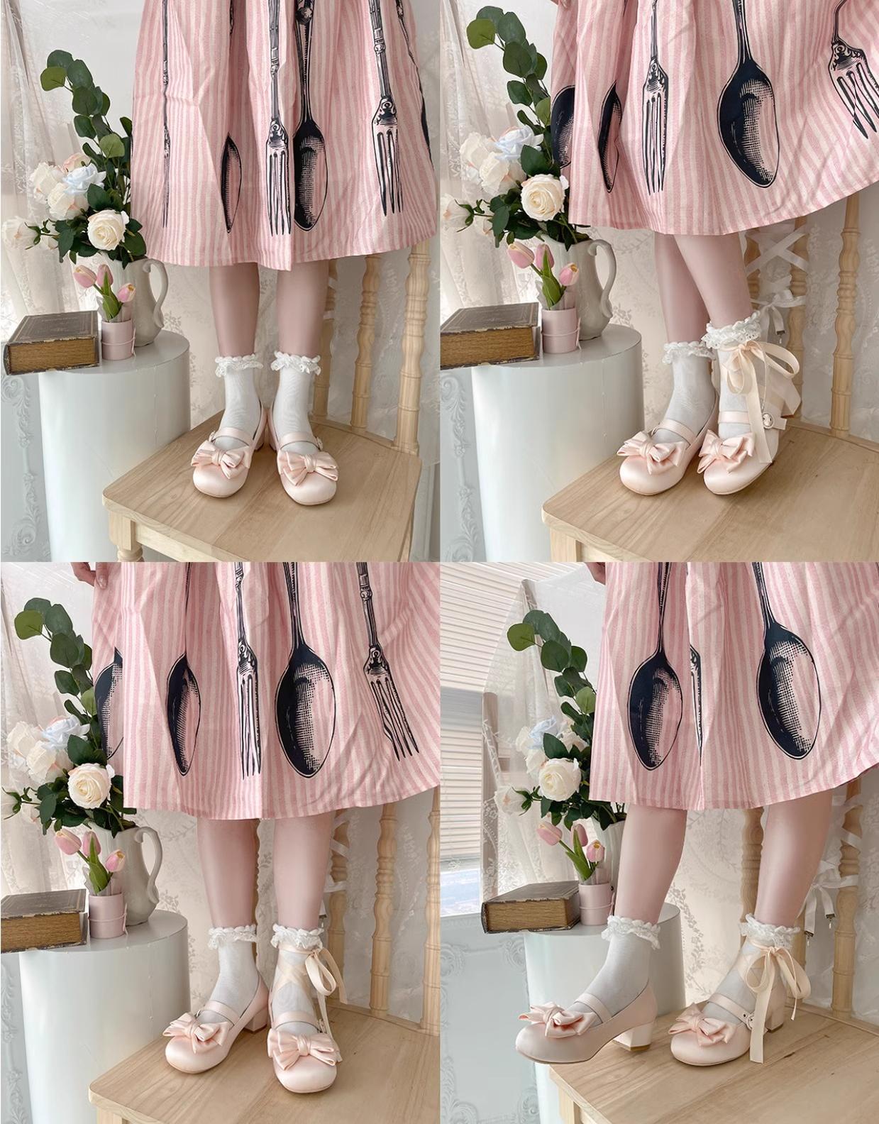 MODO - Sissi - Sweet Lolita Shoes Satin Low Chunky Heels with Bow