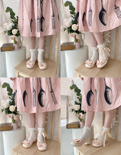 MODO - Sissi - Sweet Lolita Shoes Satin Low Chunky Heels with Bow