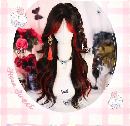 Dalao Home - Bathing Flames - Black Gothic Lolita Wig Red-black Highlighted Long Hair