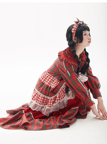 Soso Meme Club - Vintage Lolita OP Dress Red Lolita Plaid Dress for Spring Summer