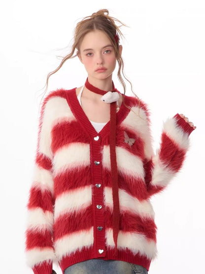 Sticky Chunky Red Striped Knit Sweater Cardigan【s0000006174】