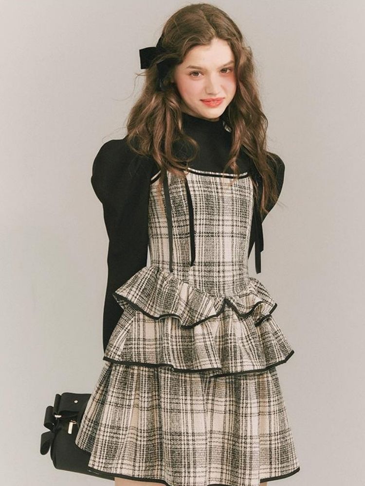 Plaid Cake Skirt Fake Two Piece Dress【s0000003231】