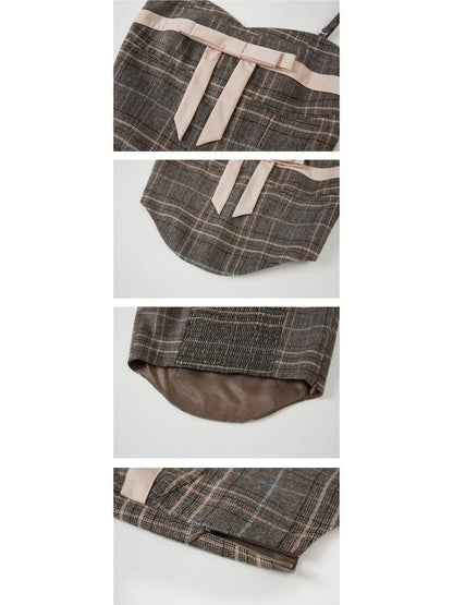 Plaid bow tube top and A-line skirt【s0000003279】