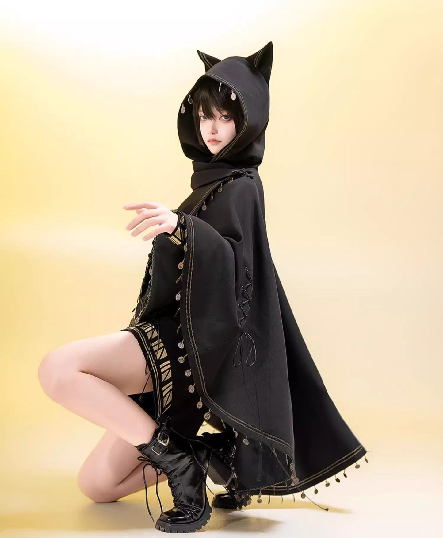 Princess Chronicles - Black Cat - Black Ouji Lolita Cape with Cool Cat Ear Hood