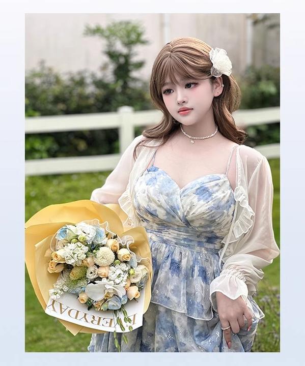 Yingtang - Plus Size Blue Lolita JSK Dress Cardigan Set New Arrival