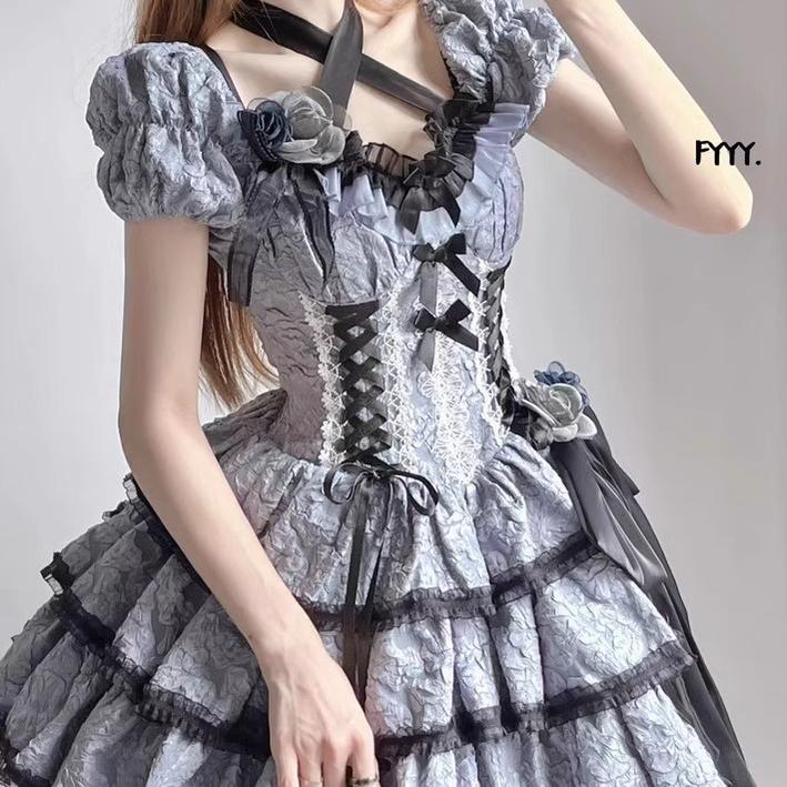 Xingweimian - Medea's Kiss - Gothic Lolita OP Dress Short-Sleeved Black-blue Dress Set