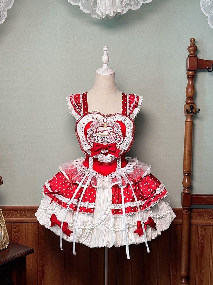 Shuang Sheng Xiao Xiong - Bite The Cake - Sweet Lolita Dress, Red & White Polka Dots