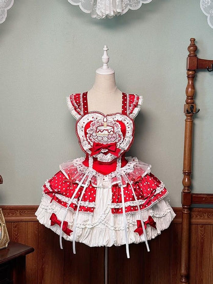 Shuang Sheng Xiao Xiong - Bite The Cake - Sweet Lolita Dress, Red & White Polka Dots