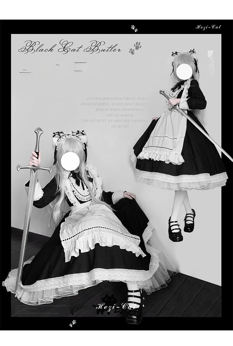 Hezi's Cat Haven - Black Cat Butler - Maid Lolita OP Dress Elegant Black and White Dress